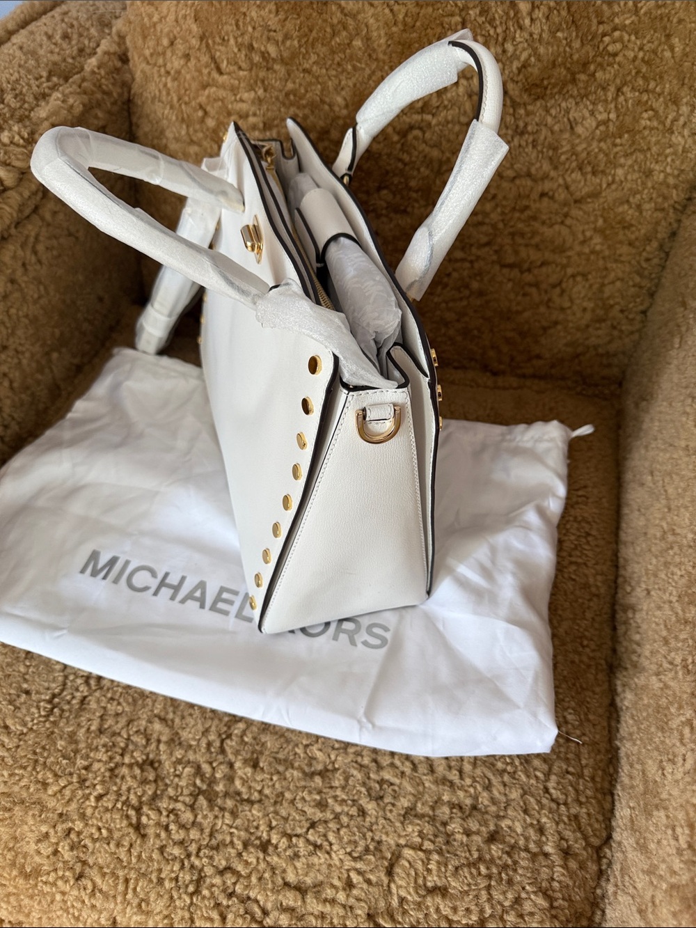 Michael Kors White Saffiano Satchel with Gold Stud Accents - Picture 3 of 4